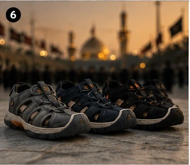 صندل پیاده روی اربعین هامتو لارسی در سه رنگ طوسی، مشکی، سرمه ای در نمای بسته در بین الحرمین